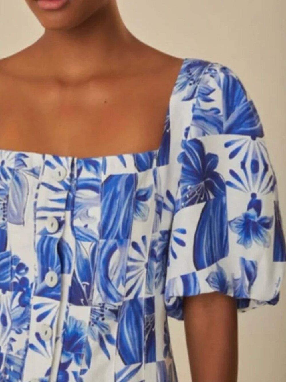 FARM RIO Blue and White Tiles Button Front Dress